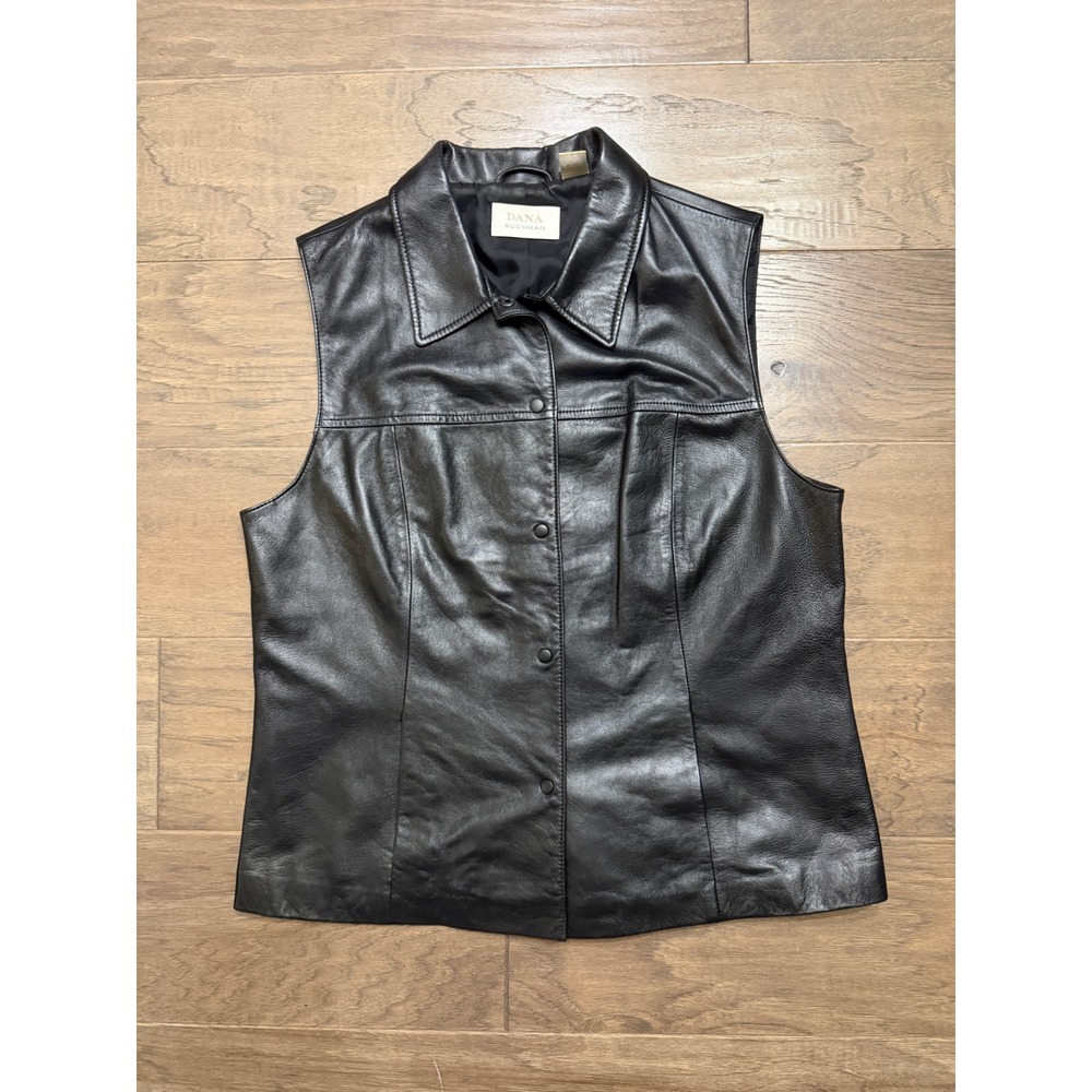 Vintage Dana Buchman Leather Vest Womens 12 Black 100% Leather Biker Snap Front